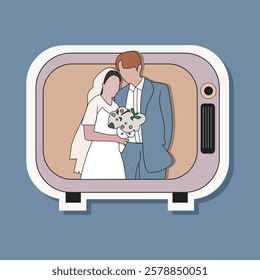 aesthetic kawaii hand drawn korean drama on retro tv illustration. Korean couple marriage ceremony scene