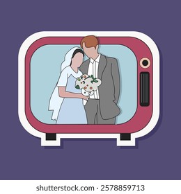 aesthetic kawaii hand drawn korean drama on retro tv illustration. Korean couple marriage ceremony scene