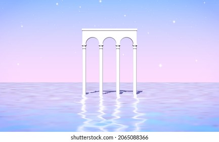 Aesthetic landscape with colonnade of white pillars in surreal sea. 90s or 80s styled vaporwave background with pastel pink and blue sunset colors