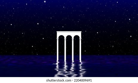 Aesthetic Landscape With Colonnade Of White Pillars In Surreal Sea. 90s Or 80s Styled Vaporwave Background