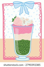 Aesthetic layered strawberry matcha latte illustration in tall glass with marshmallows, cute coquette dessert drink poster for menu