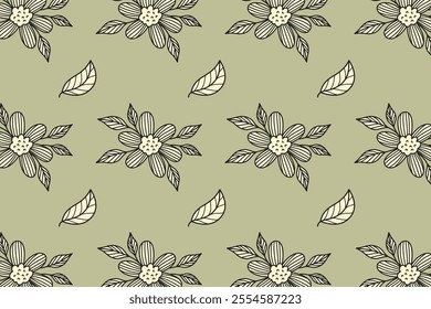 aesthetic leaves and flowers pattern on green background. vintage leaf and flower vector pattern background. leaves and flowers isolated seamless pattern. seamless pattern of botanic floral background