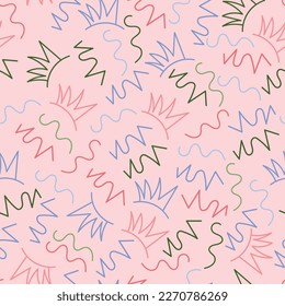 Aesthetic line doodle seamless pattern tile. Exquisite arrangement of funky abstract squiggle shapes. Artistic repeat textured background design. Dainty scribble art of creative basic confetti shapes.