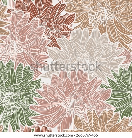 Aesthetic Line Drawing Wavy Dahlia Flowers Vector Seamless Pattern, Line Art Hand Drawn Elegant Wedding Backdrop, Summer Floral Waves Intricate Closeup Abstract Textile or Fabric Design