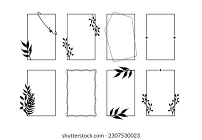 Aesthetic line frame decorated with leaves and tree branches. Trendy minimal border