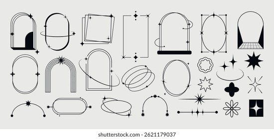 Aesthetic linear design elements. Minimalistic geometric icons with frames, borders, arches and stars in boho style. Symbols for posters. Outline vector illustration collection isolated on background