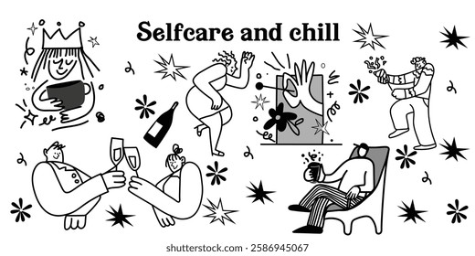 Aesthetic line-art illustration set capturing the cozy atmosphere of a charming café. Featuring fancy people enjoying coffee, tea, and delicious treats. Perfect for café-themed designs, coffee shops