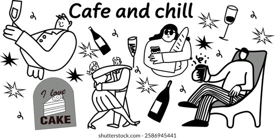 Aesthetic line-art illustration set capturing the cozy atmosphere of a charming café. Featuring fancy people enjoying coffee, tea, and delicious treats. Perfect for café-themed designs, coffee shops