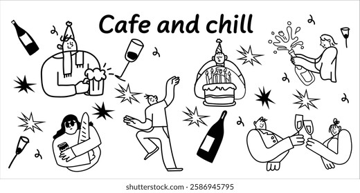 Aesthetic line-art illustration set capturing the cozy atmosphere of a charming café. Featuring fancy people enjoying coffee, tea, and delicious treats. Perfect for café-themed designs, coffee shops