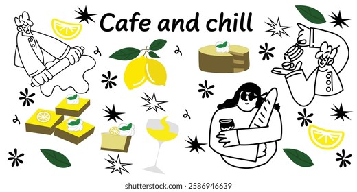 Aesthetic line-art illustration set capturing the cozy atmosphere of a charming café. Features fancy people enjoying coffee, bread, lemon pie, lemon cake. Perfect for café-themed designs, coffee shops