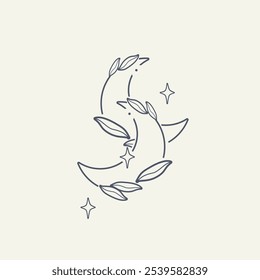 Aesthetic Logo Element On Tattoo Esoteric Astrology Two Moons Leaves And Star Outlines Isolated Vector Design