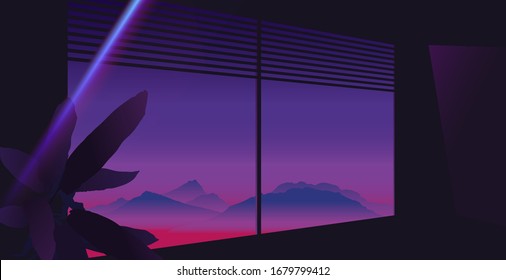 Vista estética de la montaña en la ventana con planta tropical, cielo morado neón y rosa, ambiente de habitación oscura con brillantes focos de fugas de luz, ambiente de verano de los años 80