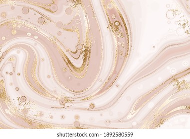 Aesthetic marble abstract painting background with gold waves.