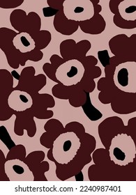 Aesthetic maroon flowers patterns on pink  background vector, illustrations for wallpaper, templates, phone case pillow designs, art prints, etc