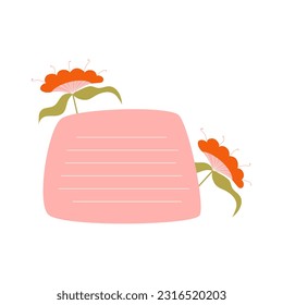 Aesthetic Memo Notebook with flower paper frame for text. Planner sticker element sticky. Flat vector illustration. Cute Notes planner page.