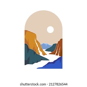 Aesthetic mid century landscape with mountains and waterfalls. Arch window with nature view. Minimalistic colorful poster. Simple vector illustration.