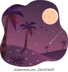 Aesthetic midnight landscape with palm trees, stars, flowers, bird and a moon