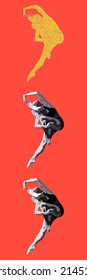 Aesthetic minimal grayscale profile of a female dancer silhouette. Woman in motion jumping bowlike pose. Feminine concept. Design for print, banners, background. Vector