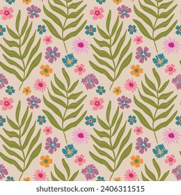 Aesthetic minimal retro vintage 70s hand drawn  flower seamless pattern