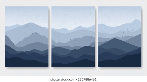 Aesthetic minimalist blue mountains with flying birds landscape posters. Japanese landscape illustration