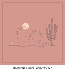 Aesthetic minimalist desert landscape with cactus and mountains. Vector 2d decor, sunset in Australian bush