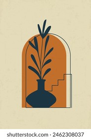 Ästhetisch minimalistisches Poster mit Blatt-in-Vase-Innendesign. Illustration mit Glas und Bögen boho druckbare Kunst