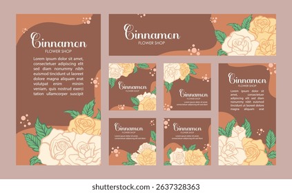 Aesthetic and minimalist social media post template rose flower line art style ornament with brown colors