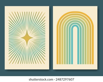 Aesthetic minimalistic geometric colorful poster illustration. Boho mystic home 2d decor