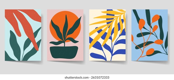 Aesthetic modern abstract art set for print, Minimalist Floral bohemian wall decor, home decor. Leaves art collection