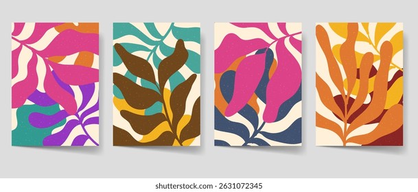 Aesthetic modern abstract art set for print, Minimalist Floral bohemian wall decor, home decor. Leaves art collection with summer theme