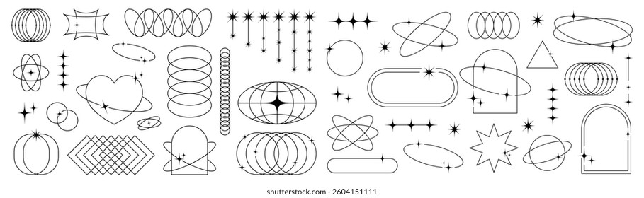 Aesthetic modern abstract line frames set, geometric shapes, and sparkles in a trendy Y2K and 90s-inspired style for posters, branding, and social media design

