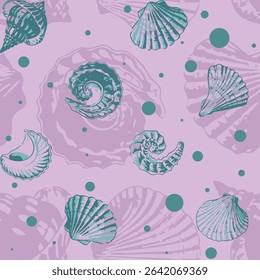 Aesthetic modern aquamarine sea shells seamless printable pattern. Hand drawn organic fossil pattern ideas for backdrops, home decor, textile, poster, banner, templates, brochure, carpet and rugs.