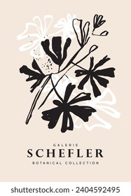 Aesthetic modern art, boho decor, minimalist art, Illustration, Vector, Poster, postcard. The botanical collection. A poster with a schefflera branch. A set of abstract fashionable creative art