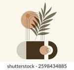 An aesthetic modern composition with an abstract botanical element, geometric shapes. Vector illustration to use for wall art, wallpaper, decoration, home decor.