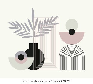 An aesthetic modern composition with an abstract botanical element, geometric shapes. Vector illustration to use for wall art, wallpaper, decoration, home décor.