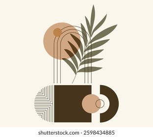 An aesthetic modern composition with an abstract botanical element, geometric shapes. Vector illustration to use for wall art, wallpaper, decoration, home decor.