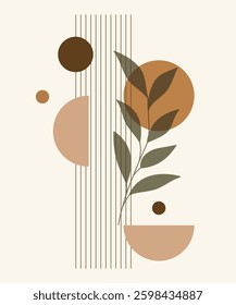 An aesthetic modern composition with an abstract botanical element, geometric shapes. Vector illustration to use for wall art, wallpaper, decoration, home decor.