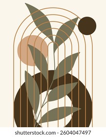 An aesthetic modern composition with an abstract botanical element, geometric shapes. Vector illustration to use for wall art, wallpaper, decoration, home decor.