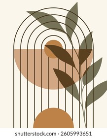An aesthetic modern composition with an abstract botanical element, geometric shapes. Vector illustration to use for wall art, wallpaper, decoration, home decor.