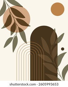 An aesthetic modern composition with an abstract botanical element, geometric shapes. Vector illustration to use for wall art, wallpaper, decoration, home decor.