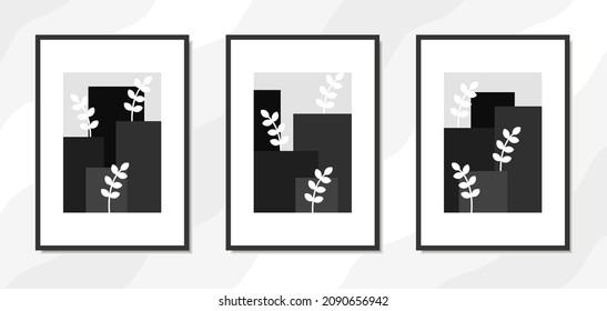 Aesthetic modern contemporary wall art poster template of cityscape silhouette with leaf in monochrome colors.  suitable for modern decoration, cover art, home interior, and furniture. Ready to print.