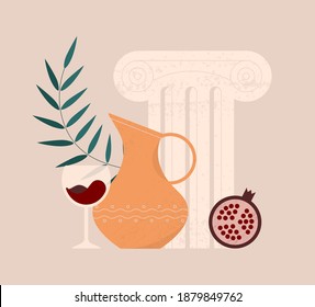 Aesthetic modern illustration of a ceramic jug with ornament, ancient greek order, glass of wine or juice, leaf and pomegranate. Decorative still life with isolated objects. Contemporary art