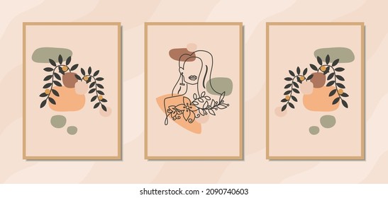 Aesthetic modern wall art poster template of beautiful woman line art with plants, flowers, and organic shapes. Suitable for modern decoration, cover art, home interior, and furniture. Ready to print.