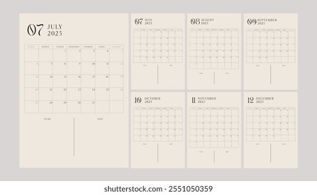 Aesthetic monthly planner July to December Calendar 2025 Part 2