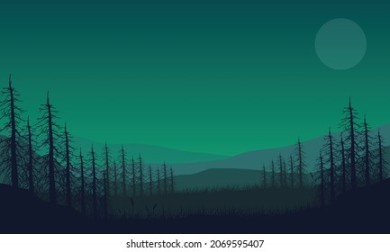 Aesthetic mountains views and silhouettes of pine trees with a beautiful full moon at night. Vector illustration of a city