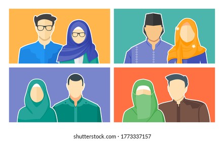Aesthetic Muslim Couple DP or Display Picture Avatar Set. Beautiful Muslim Man and Woman Hijabi Cartoon Profile Pic Collection.  