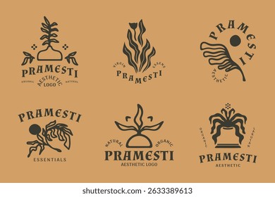 Aesthetic natural logo badge with organic hand drawn objects