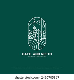 aesthetic nature restaurant logo design,nature outdoor food and beverages vector illustration with line art style