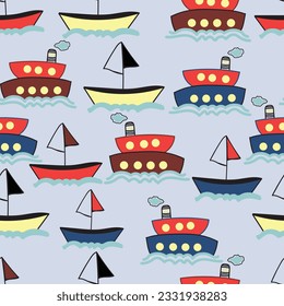 Aesthetic nautical seamless surface pattern design. Exquisite bunch of whimsical hand drawn steamboats and sailboats. Allover print childish textured background of doodle marine transports.