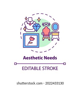 Icono de concepto de necesidades estéticas. Apreciación por la belleza. Deseo de equilibrio y armonía. Ilustración de línea delgada de idea de autodesarrollo. Dibujo de color RGB con contorno aislado del vector. Trazo editable
